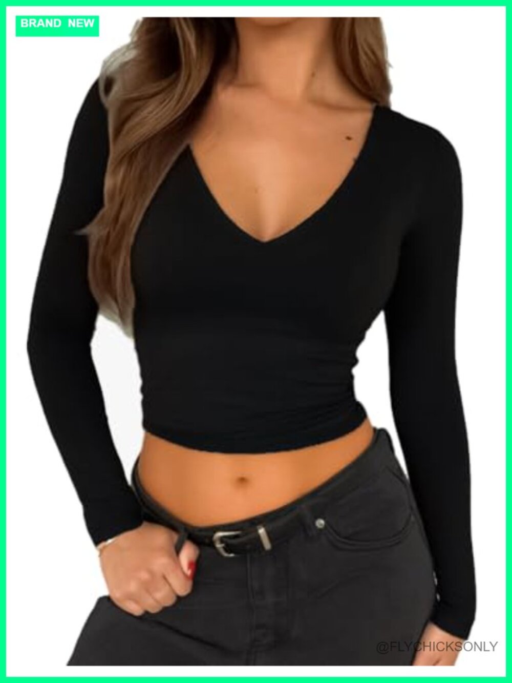 Womens Long Sleeve V Neck Crop Top Slim Fit Double Lined Basic Tee